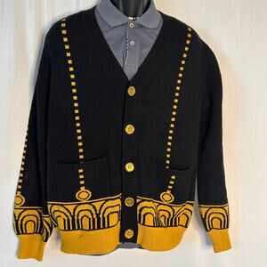 Steady Hands Graphic Knit Cardigan Sweater Black Yellow Button Front Size S/M